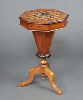 A Victorian inlaid figured walnut work box of conical form, the lid inlaid a chessboard, raised on a tripod base 71cm h x 43cm w x 43cm d 