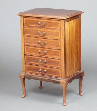 An Edwardian inlaid mahogany sheet music chest of 6 drawers with gilt swan neck drop handles, raised on bracket feet 85cm h x 53cm w x 38cm d 