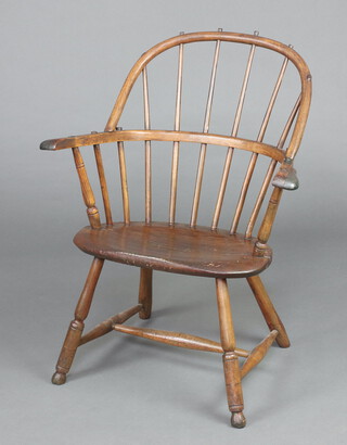 A 19th Century beech and elm stick and rail back carver chair, raised on turned supports with H framed stretcher 85cm h x 70cm w x 39cm d (seat 32cm x 29cm) 