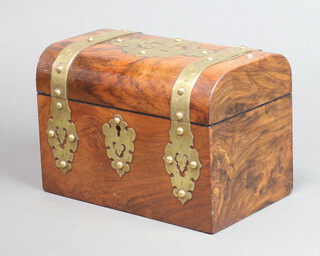 A Victorian figured walnut and brass banded dome shaped twin compartment tea caddy 14cm h x 20cm w x 12cm d 