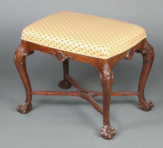 A Queen Anne style rectangular carved mahogany stool raised on cabriole ball and claw supports with X framed stretcher 49cm h x 55cm w x 41cm d 