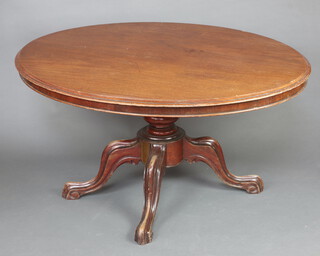 A Victorian oval Loo table, raised on a turned column and tripod base 136cm w x 101cm d 