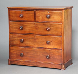 A Victorian mahogany chest of 2 short and 3 long drawers, raised on a platform base 105 cm h x 106cm w x  52cm d 