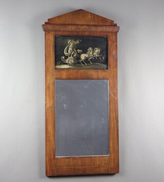 A 19th Century  Continental rectangular plate pier mirror in a walnut frame decorated with an enamelled panel of a charioteer 101cm h x 48cm 