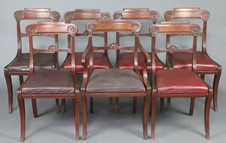 A set of 7 Regency bar back dining chairs with carved mid rails and upholstered drop in seats, raised on sabre supports - 1 carver, 6 standard 86cm h x 53cm w x 47cm d  