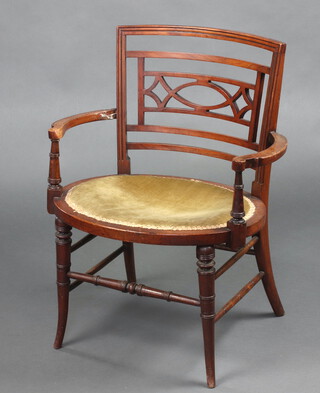 A 19th Century mahogany bar back open arm chair with oval seat raised on turned supports 70cm h x 58cm w x 43cm d (seat 31cm x 28cm) 