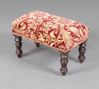 A Victorian rectangular mahogany footstool upholstered in William Morris style material 23cm x 41cm x 25cm 