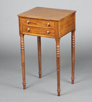 A 19th Century rectangular mahogany occasional work table fitted 2 drawers with brass escutcheons, raised on ring turned supports 72cm h x 43cm w x 38 cm d 