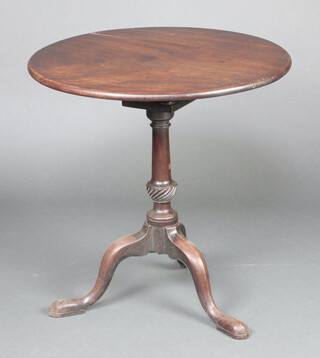 A 19th Century circular snap top tea table with bird cage action on a turned column and tripod base 71cm h x 68cm diam. 