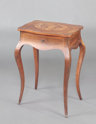 A 19th Century inlaid Kingwood work/dressing table of serpentine outline with hinged lid, raised on cabriole supports 70cm h x 48cm w x 35cm d 