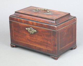 A rectangular 19th Century inlaid and crossbanded mahogany 3 compartment tea caddy with hinged lid and gilt escutcheon 14cm x 25cm x 14cm 