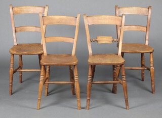 A harlequin set of 4 19th Century elm and beech Windsor bar back chairs with ring turned supports and H framed stretcher   85cm h x 35cm w x 35cm d 