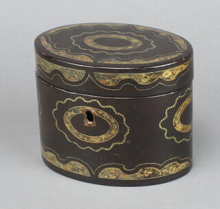 A Regency oval black lacquered tea caddy with swag decoration 11cm x 14cm x 10cm 