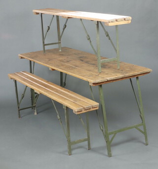 A military issue rectangular folding oak and iron trestle mess table marked Officer's Mess 79cm h x 176cm l x 68cm d and 2 ditto benches 53cm h x 178cm l x 24cm d 