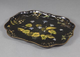 A large and impressive Victorian paper-mache tray with bracketed border decorated flowers  61cm x 80cm 