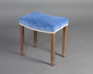 An Elizabeth II limed oak Coronation stool by Waring & Gillow re-upholstered in blue velvet and gold braid trim. Crowned ER Coronation stamp and makers mark to underside 47cm x 46cm x 31cm