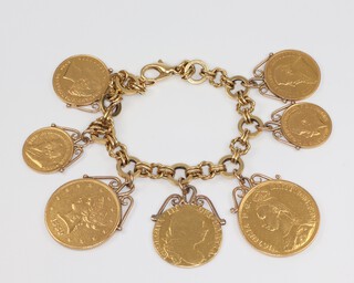 An 18ct yellow gold bracelet approx. 28 grams with 9ct gold mounted 1 pond 1898, half sovereign 1912, double sovereign 1887, spade guinea 1779, 10 dollar 1880, half pond 1895 and a Sydney sovereign 1870, gross weight 94.5 grams
