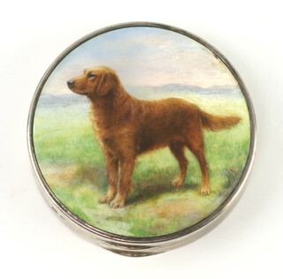 A silver circular compact with an enamelled panel of a standing retriever, Birmingham 1930, maker Adie Brothers, 63 grams, 6cm 