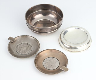 A silver dish Sheffield 1924, 2 coin set ashtrays and a dish 198 grams  