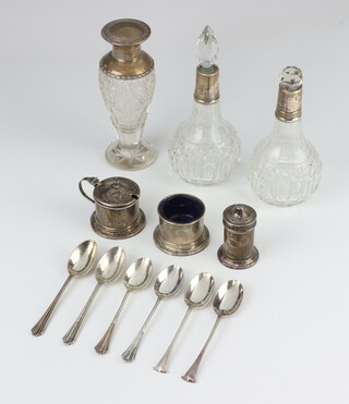 A silver 3 piece condiment Birmingham 1941, minor spoons and 3 silver mounted items, weighable silver 131 grams 
