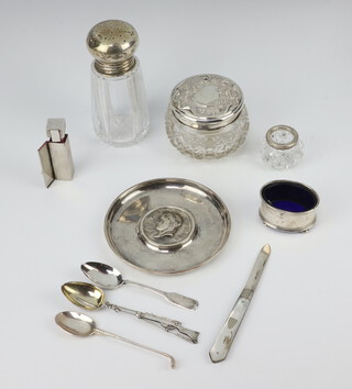 A silver plated coin set dish, lipstick and minor items including 3 mounted jars 