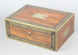 A Victorian rosewood and brass inlaid toilet box with 3 plated mounted bottles and 2 inkwells, having a Bramah lock 184 Piccadilly 