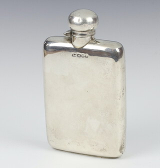 An Edwardian style silver hip flask 228 grams, 15cm, rubbed marks 