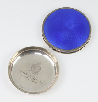 A 925 standard blue guilloche enamel compact 8cm together with a silver pin dish 