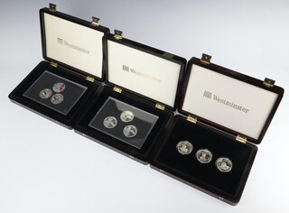 Three sets of Westminster Tribute to the Armed Forces silver proof five pounds coin sets 253 grams