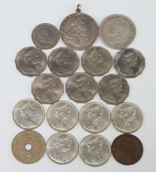 Six Australian 1966 fifty cents, a 1937 crown, a 1760 Bavarian coin and other minor coinage