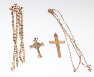 Two yellow metal 9ct necklaces 44cm and 50cm, together with 2 9ct gold cross pendants 8.1 grams 