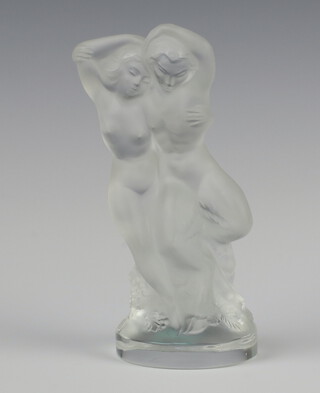 A Lalique opalescent group of  faun and companion, label to base, etched lower case marks 13cm 