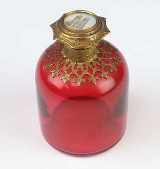 A 19th Century ruby glass scent bottle with gilt mounts and study of Reims Cathedral 10cm 