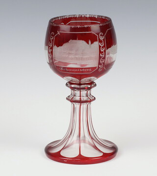 A 19th Century Bohemian red glass goblet decorated with architectural views 19cm 