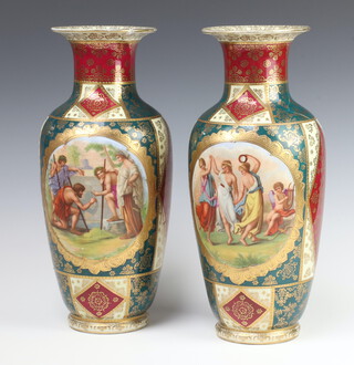 A pair of 19th Century Austrian oviform vases decorated with panels of classical figures on a green ground 38cm 