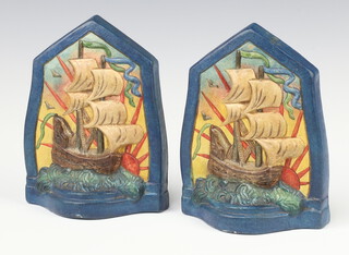 A pair of Compton Pottery bookends in the form of a galleons, impressed marks 16cm 