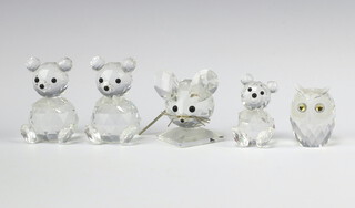 A Swarovski Crystal glass mouse 7cm, teddy bear 7cm, bear cubs 6cm, an owl 5cm, all boxed 