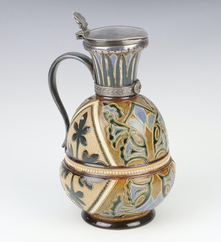 A Doulton Lambeth baluster ewer with plated mounts, having geometric and floral decoration by Clara S Barker, no.2163 19cm