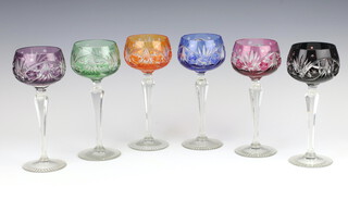 Six glass hock glasses with coloured bowls 20cm 