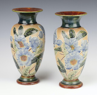 A pair of Doulton Slater oviform vases decorated with stylised flowers 26cm 