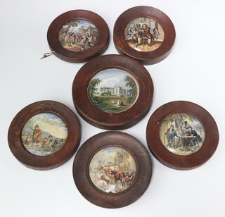 Six Victorian Prattware pot lids - Osborne House, Dr Johnson, Ruined Castle, Revellers, Fisher People and traders, all framed 