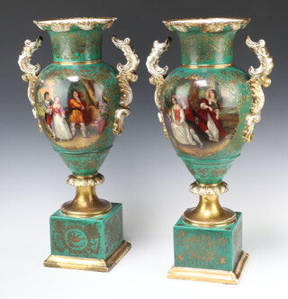 A pair of Paris Porcelain 2 handled oviform vases decorated with fete gallant scenes raised on square bases 57cm 