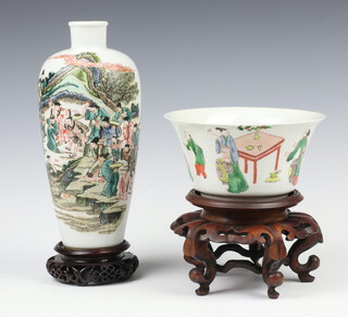 An 18th Century style Chinese deep bowl decorated with figures and having a flared neck 15cm and a famille vert oviform vase decorated with a panel of figures in landscape, 3 character mark to base, seal mark, 23cm 