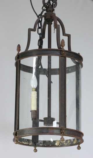 A 20th Century iron and glass cylindrical hall lantern light fitting 76cm h x     35cm diam
