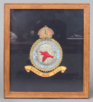 A Bomber Command embroidered blazer badge 51 Squadron, contained in an oak frame 19cm x 17cm 