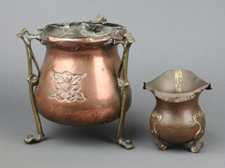 An Art Nouveau embossed copper and brass 3 handled jardiniere 22cm x 23cm together with a similar ditto 13cm x 13cm 