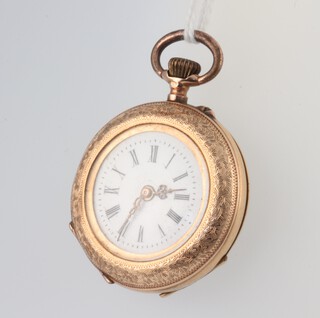 An Edwardian yellow metal 14k fob watch with enamelled dial 35mm, gross weight 19.4 grams 