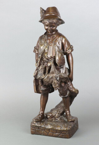 After Auguste Cace, a 20th Century bronze figure of a standing boy with pheasant and hare, "L'enfant Chasseur", raised on a naturalistic base, with signature mark to bottom right hand corner 55cm h x 17cm w x 13cm d 