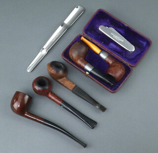 Two pipes marked Offer Bournemouth with silver bands cased, an Adelphi pipe by Ben Wade, 1 other marked English Make 125 WE Bryant Southampton,  another marked Oxford Blue, a Callenkap promotional twin bladed pocket knife and The Griffin Trulla double headed scoop