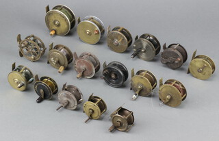 Charles Farlow, a 19th Century brass centre-pin fishing reel 5cm (f), 14 other unmarked centre-pin fishing reels, a French E'elite ditto 5cm, an Elo ditto 5cm 